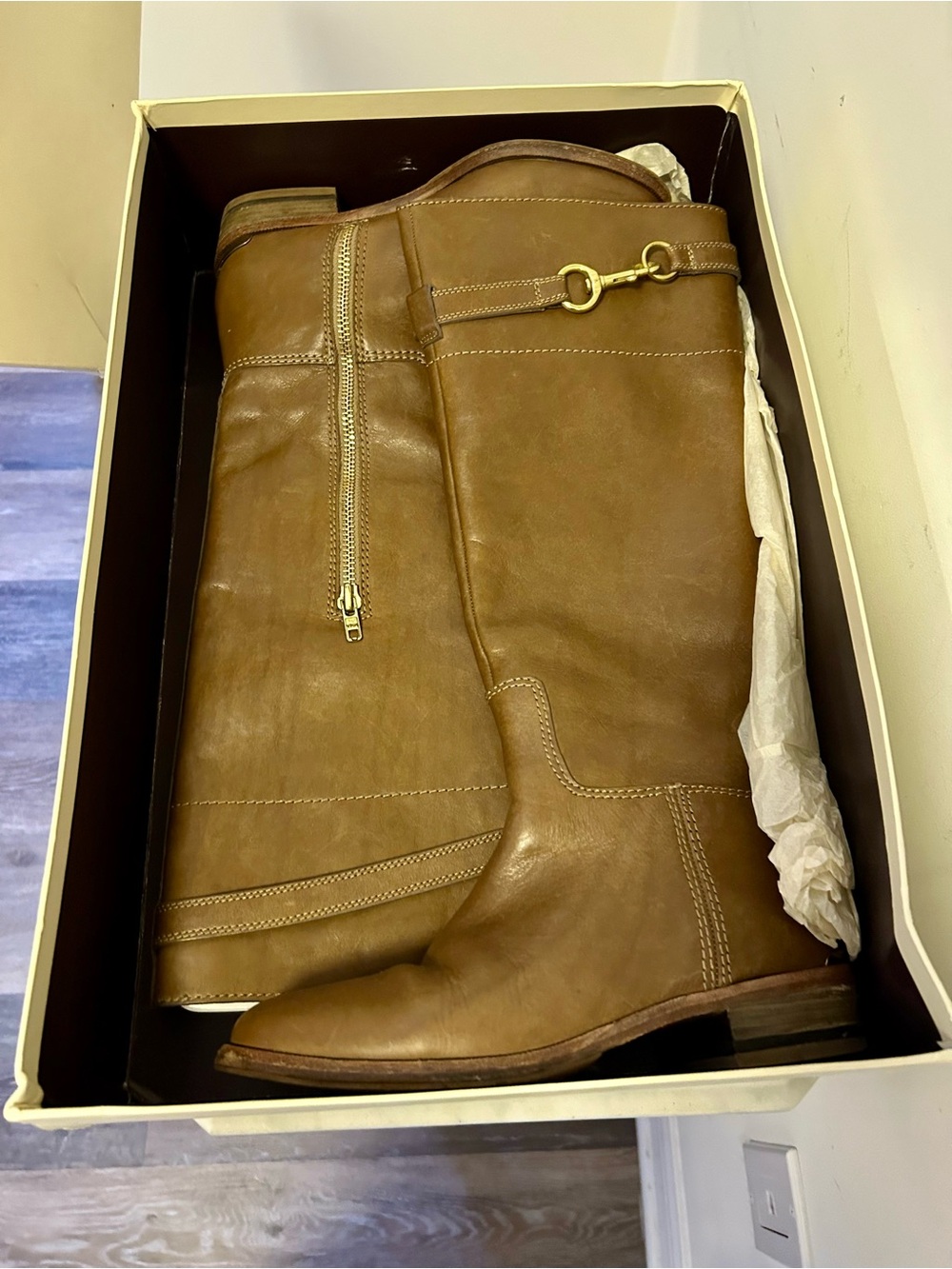 Coach Tan Leather Knee-High Heeled Boots with Horsebit Detail